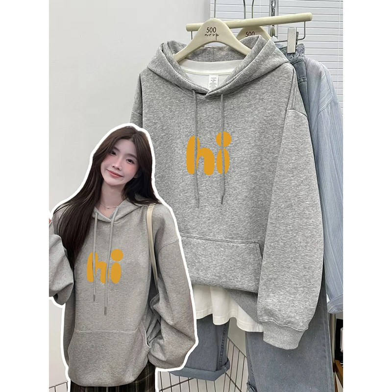 秋冬连帽字母hi宽松韩系慵懒风休闲大码女装长袖卫衣加绒ins上衣