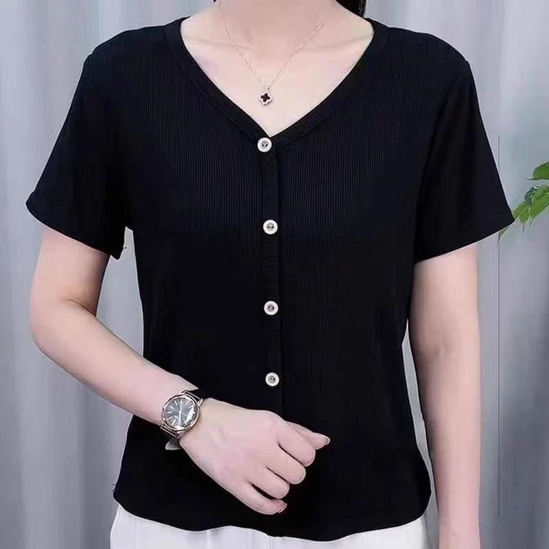 爆款夏季短袖新款T恤女宽松中年妈妈时尚气质休闲纯色大码上衣女