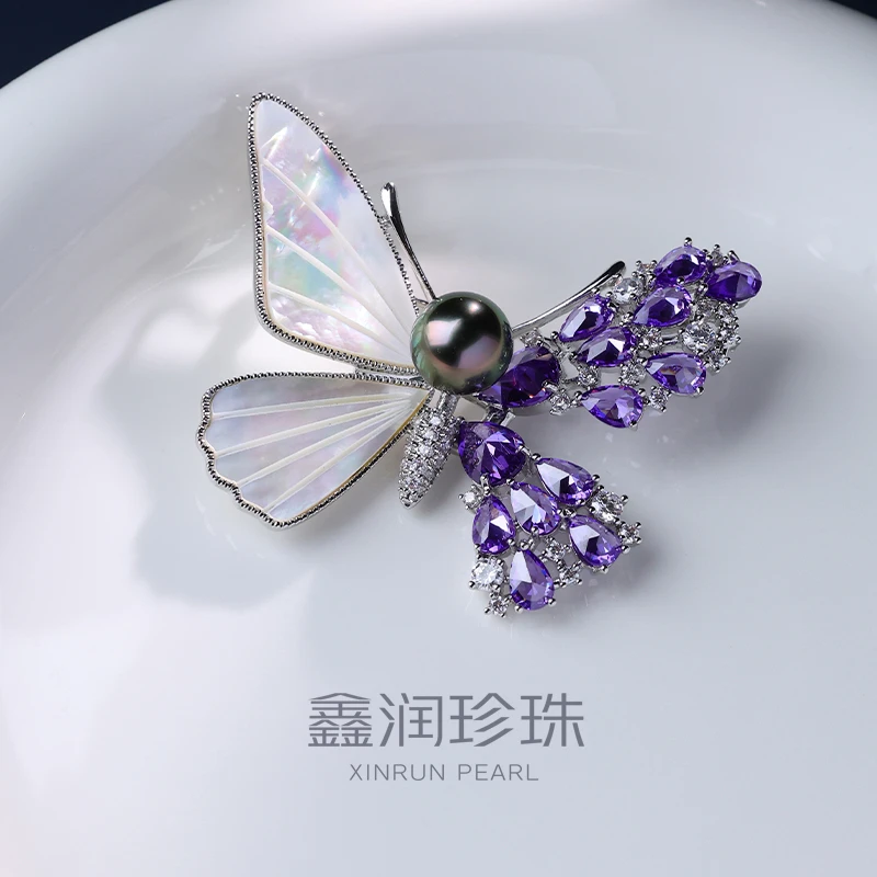 新款梦幻紫蝴蝶海水大溪地珍珠胸针9-11mm精工合金镶嵌多样性发一