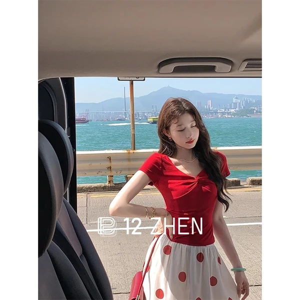 2025夏季韩版纯欲蝴蝶结设计感百搭红色性感修身短袖T恤上衣女