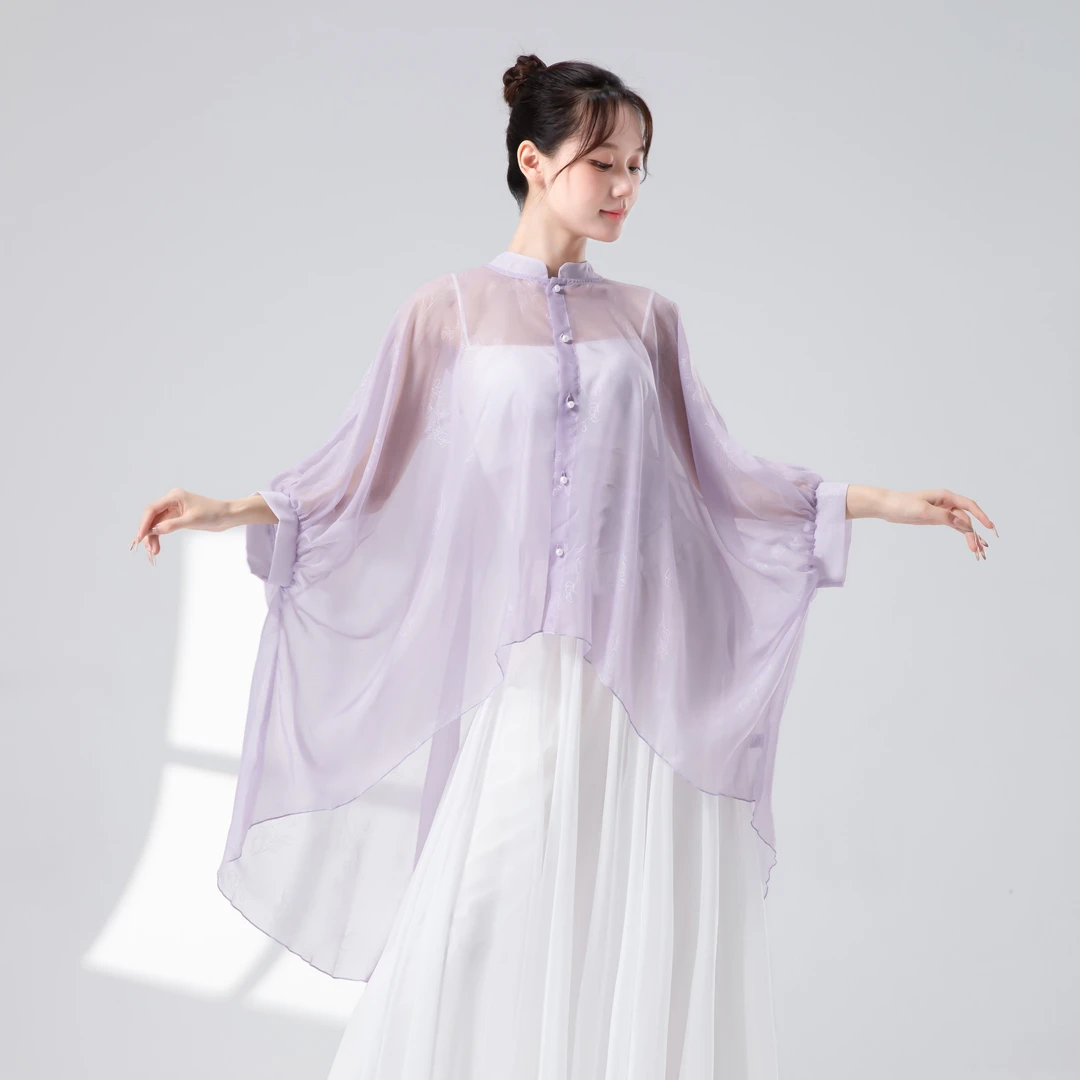 新中式古典舞飘逸纽扣新款纱衣宽松国风立领不规则舞蹈服上衣