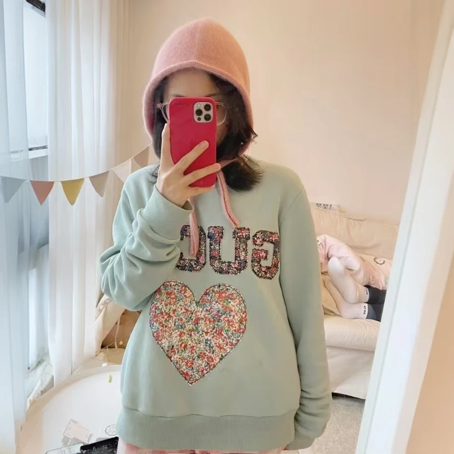 95新 GUCCI/古驰 H12452 浅绿色爱心贴布花卉棉质长袖卫衣 S码