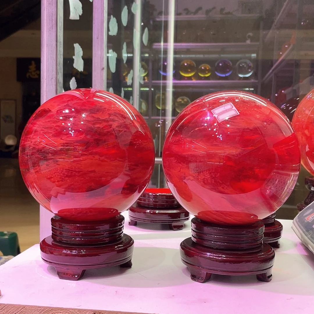 石材红色球两个16厘米5公斤送底座包邮