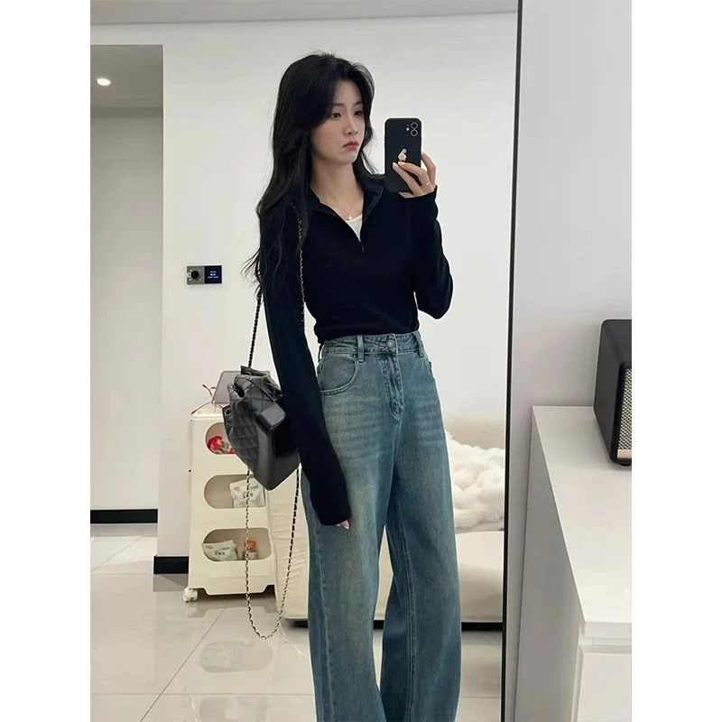 秋装搭配一整套大码胖mm假两件上衣牛仔裤时尚盐系高级复古套装女