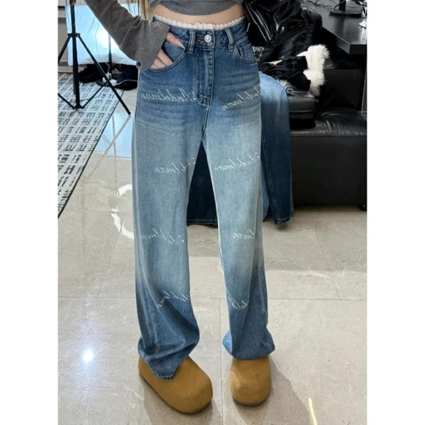 欧货ins烫钻拖地牛仔裤女潮2025年新款春装高腰显瘦百搭阔腿长裤