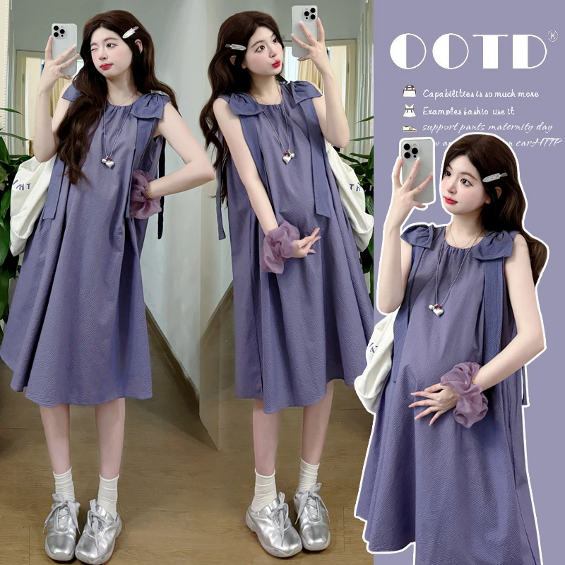 孕妇装夏季2025新款孕期法式穿搭紫色蝴蝶结洋气宽松孕妇连衣裙