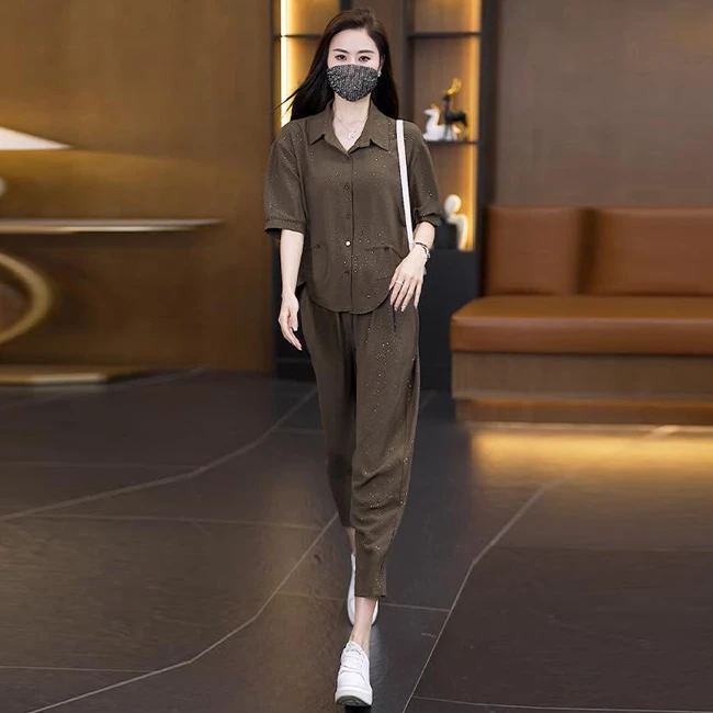 2025年夏季新款洋气套装胖MM时尚细闪衬衫宽松显瘦气质减龄两件套
