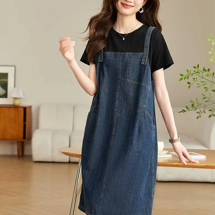 假两件时尚薄款连衣裙2025新款大码宽松小个子减龄拼接背带裙女潮