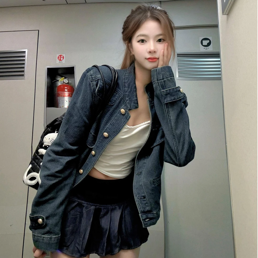 美式复古短款牛仔外套女春秋季2025新款设计感高腰显瘦花苞短裙子