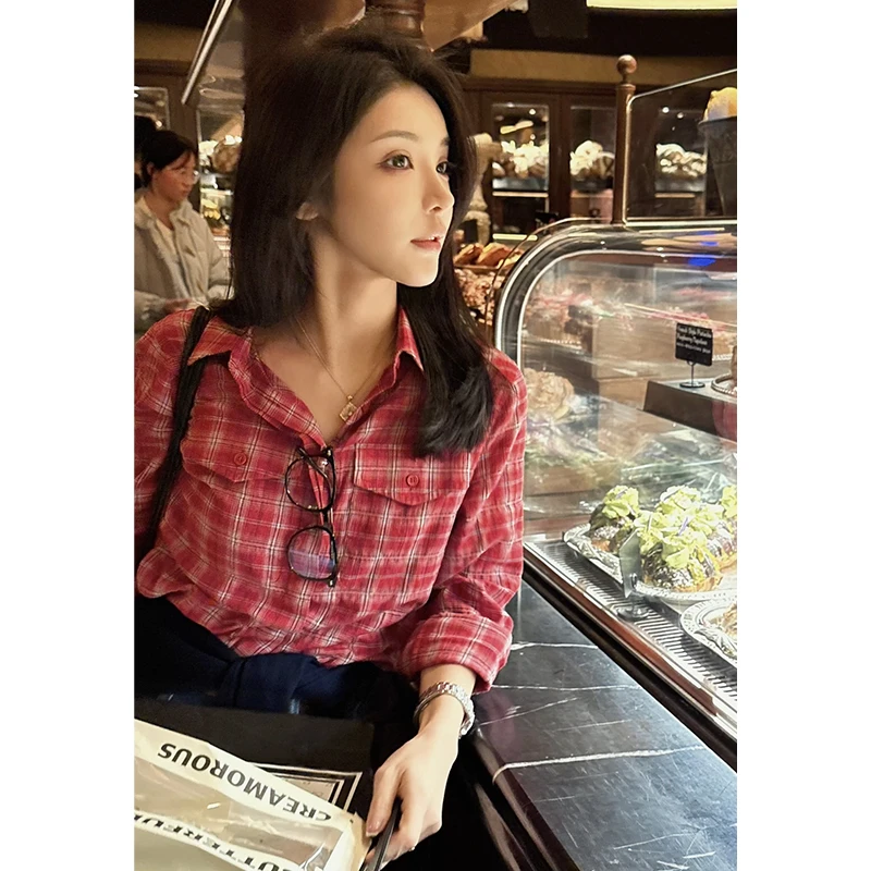 港风复古格子衬衫女春季2025新款高级感炸街时尚衬衣小众宽松上衣