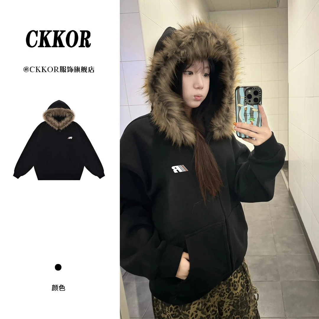 CKKOR春秋新款防寒保暖加绒棉服外套女美式潮牌毛领连帽开衫卫衣