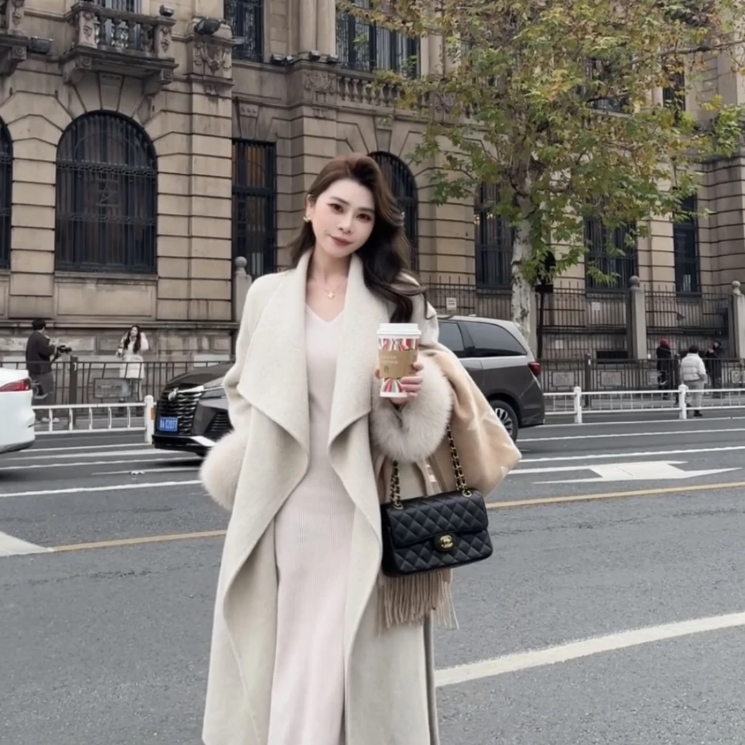 【冬日暮光】25年冬季新款时尚气质设计感双面羊毛狐狸毛大衣