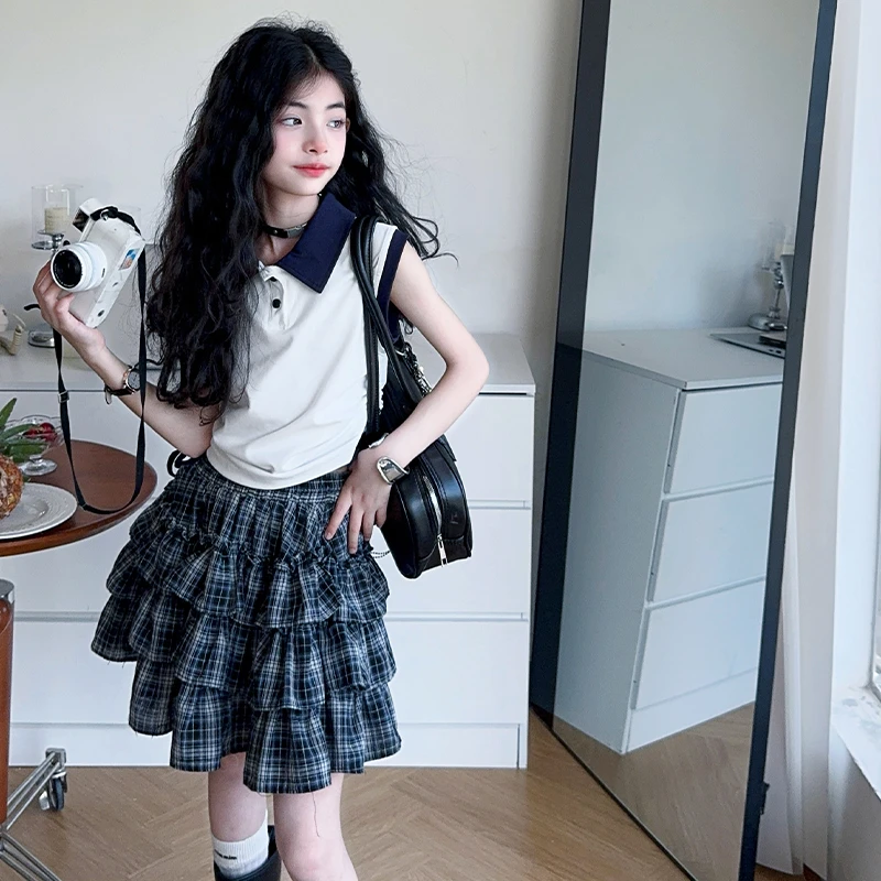 女大童夏装套装2025新款洋气女童夏季POLO衫短袖格子蛋糕裙两件套