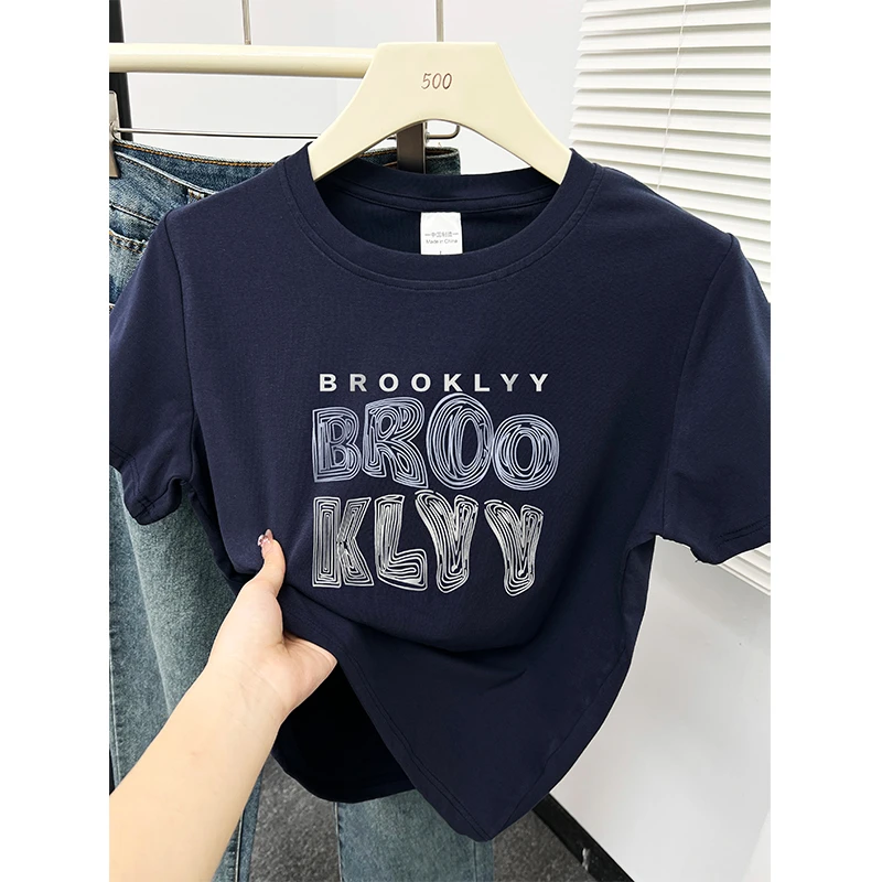 藏蓝色正肩短袖t恤女夏季新款韩版简约字母印花休闲百搭圆领上衣