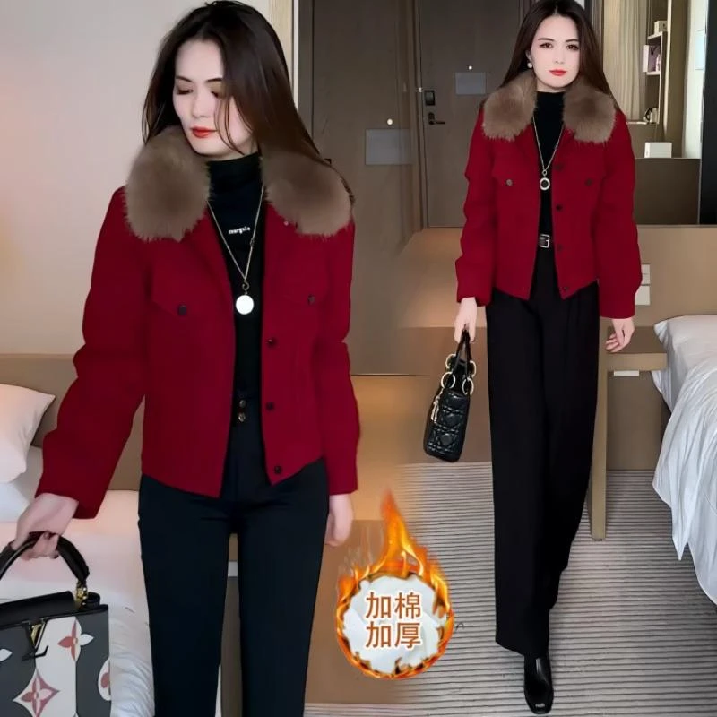 毛呢加厚牛仔棉衣女士冬季新款气质加绒短款红色外套洋气毛领百搭