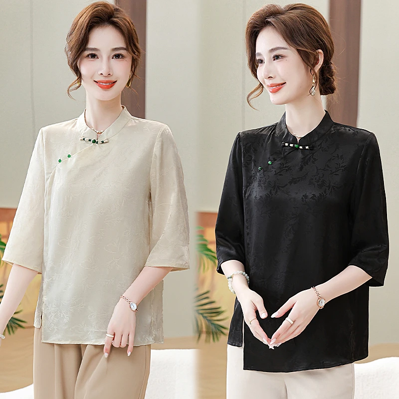 2025妈妈装纯色休闲国风宽松型中老年女装盘扣中式女装复古中袖