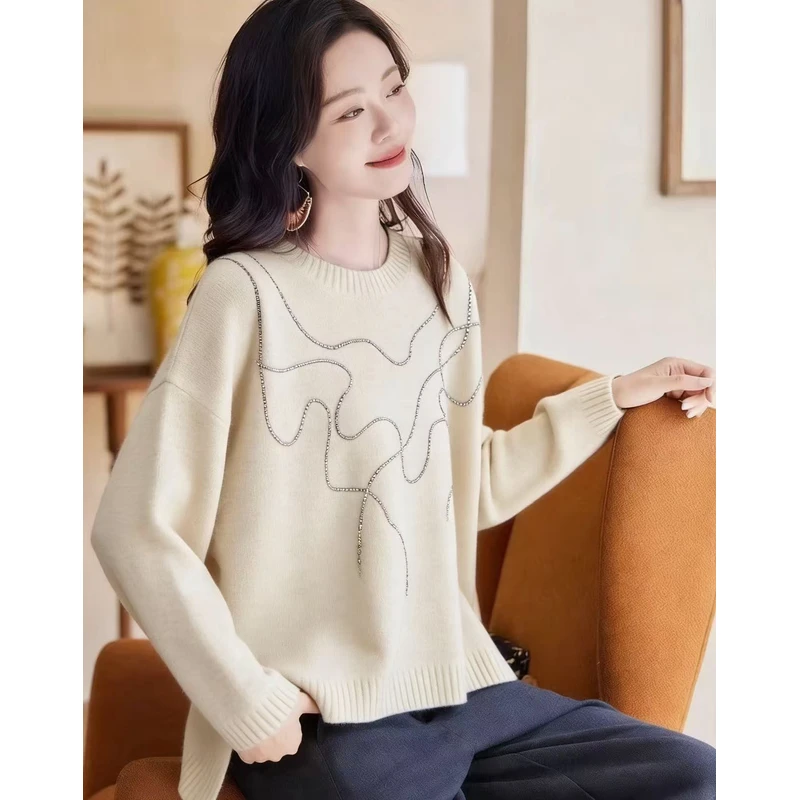 6455秋季新款韩版时尚重工烫钻修身显瘦气质圆领长袖