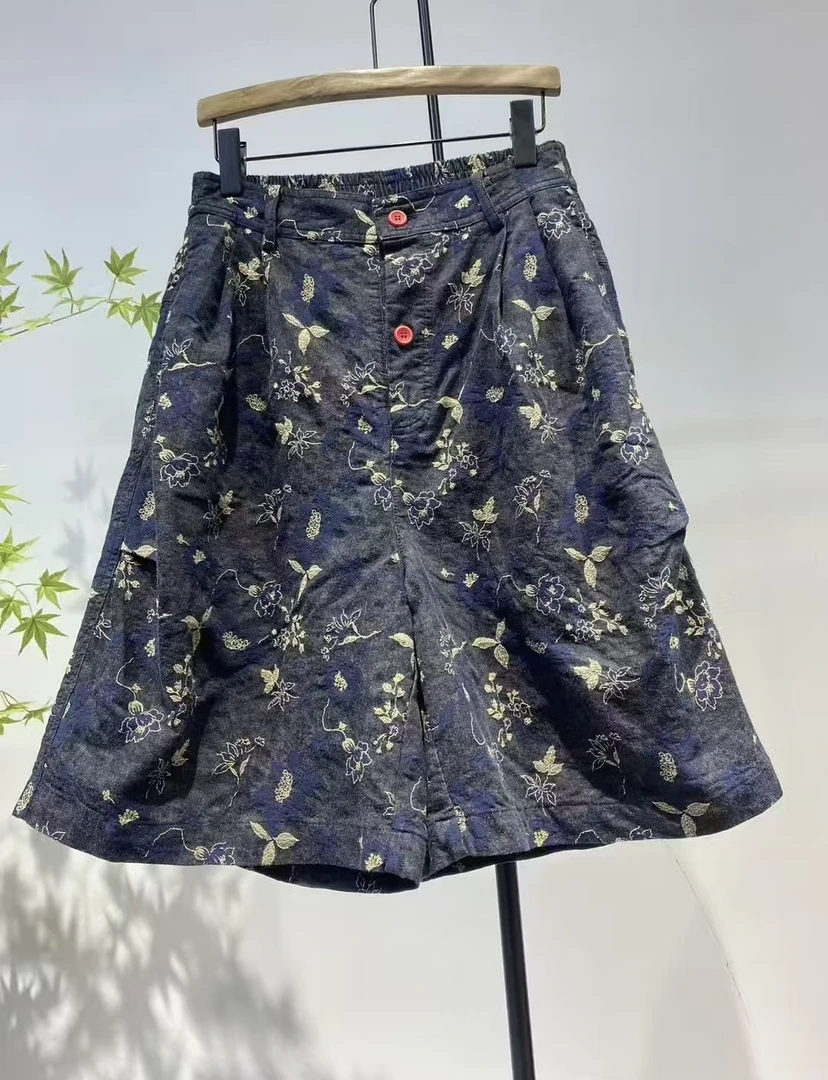 女装复古短裤碎花工装裤春夏花纹印花提花蓝色中腰