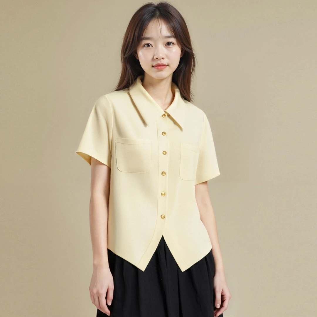 【初夏限定】鎏金扣米杏色气质短袖通勤高级感小众知性显瘦衬衫