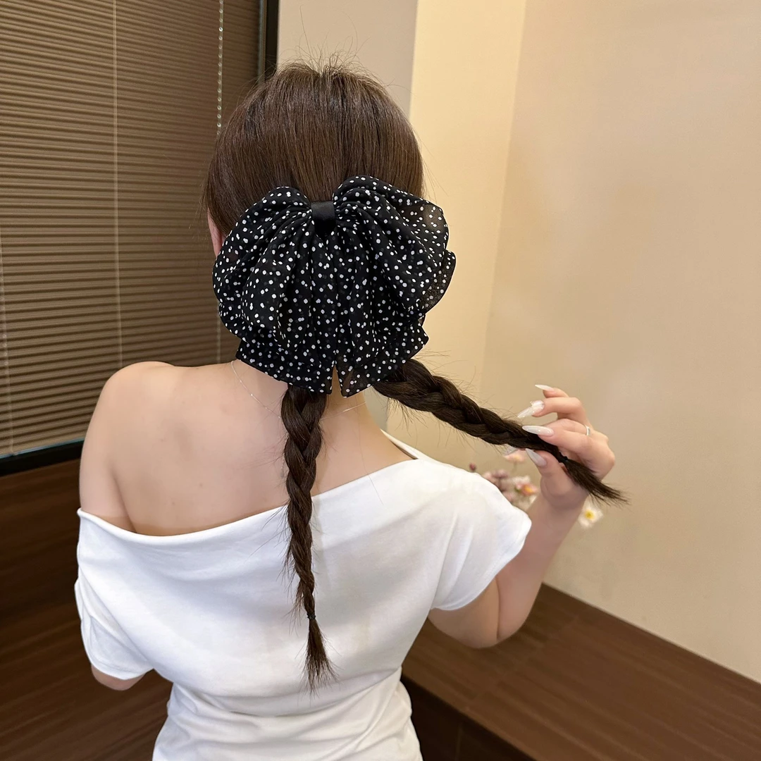 依牧法式氛围感黑色波点蝴蝶结发夹气质复古后脑勺半披发盘发抓夹