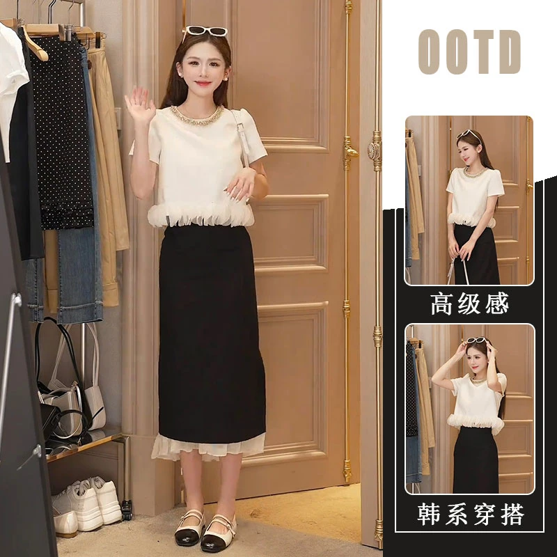 千金风夏日穿搭一整套新款时尚洋气拼接上衣半身裙高腰法式两件套