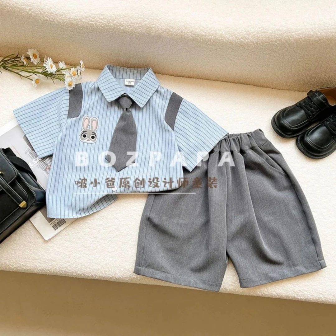戴维贝啦【断码】男童套装2025夏季新款条纹简约学院兔子刺绣衬衫短