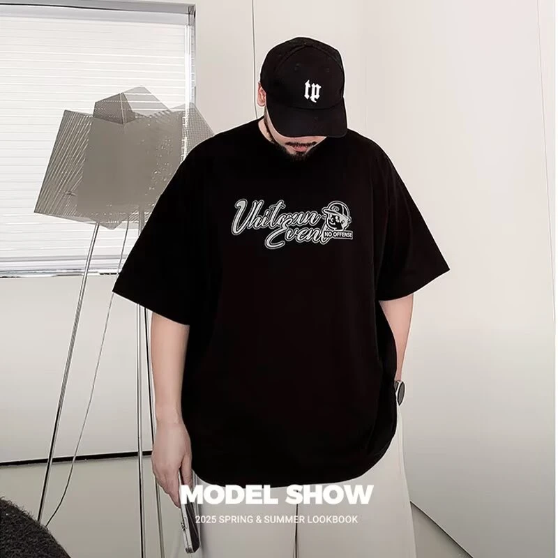 潮牌大码男装夏季胖子男童纯棉显瘦休闲美式字母圆领短袖t恤宽松