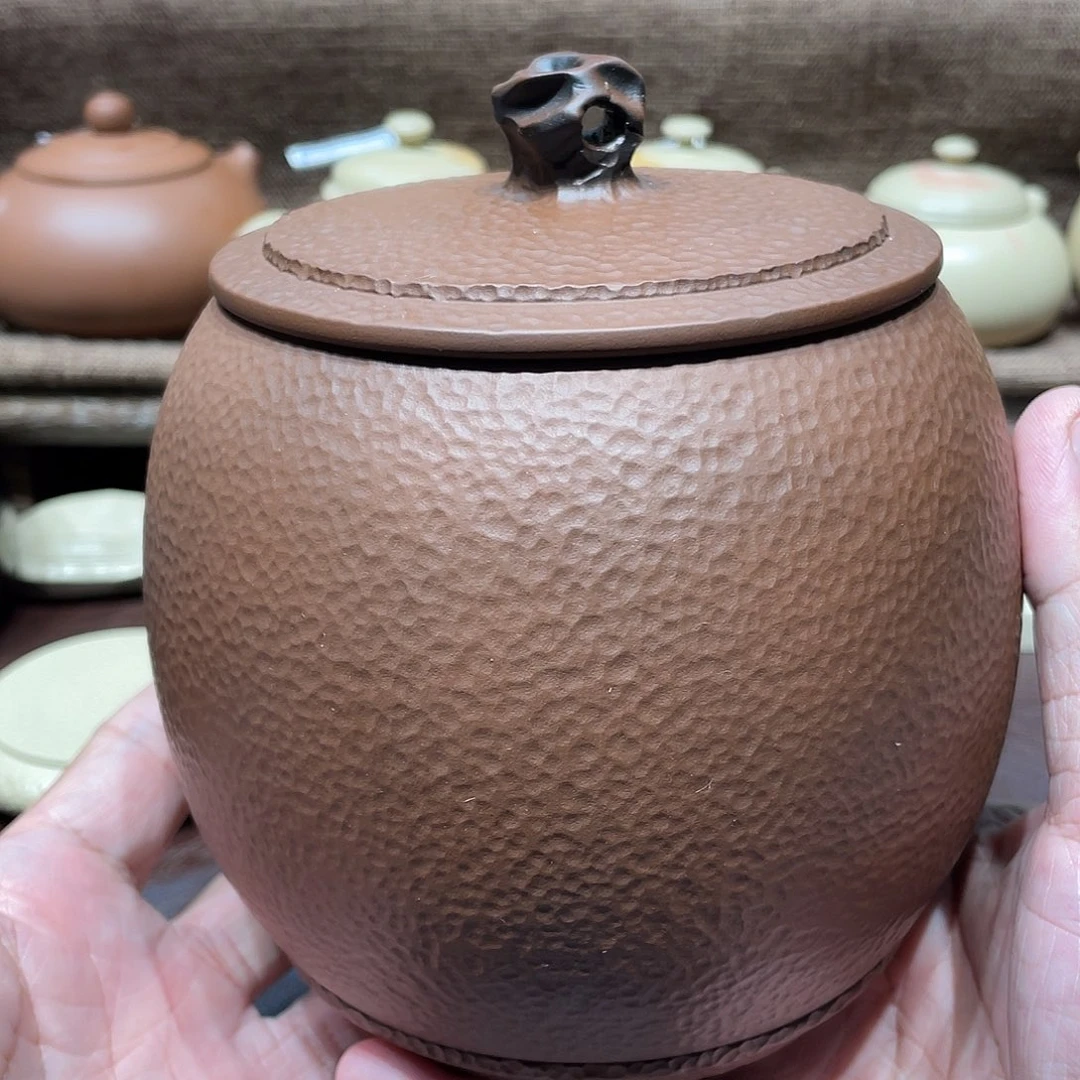 泥塑放漏锤纹瑕疵茶叶罐一个