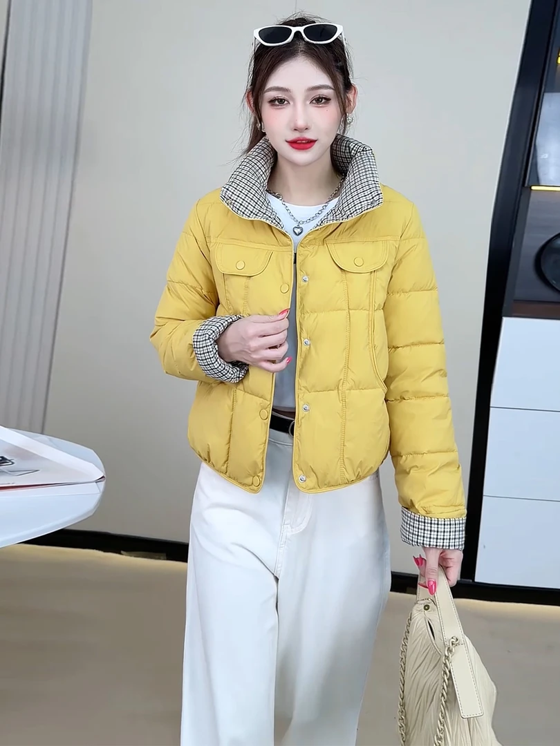 时尚立领棉衣棉服女2025冬季新款洋气显瘦格纹拼接小个子保暖棉袄