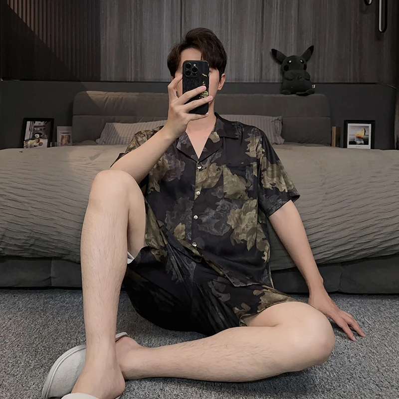 2025新款男士夏季睡衣冰丝薄款短袖短裤青年可外穿家居服夏天套装