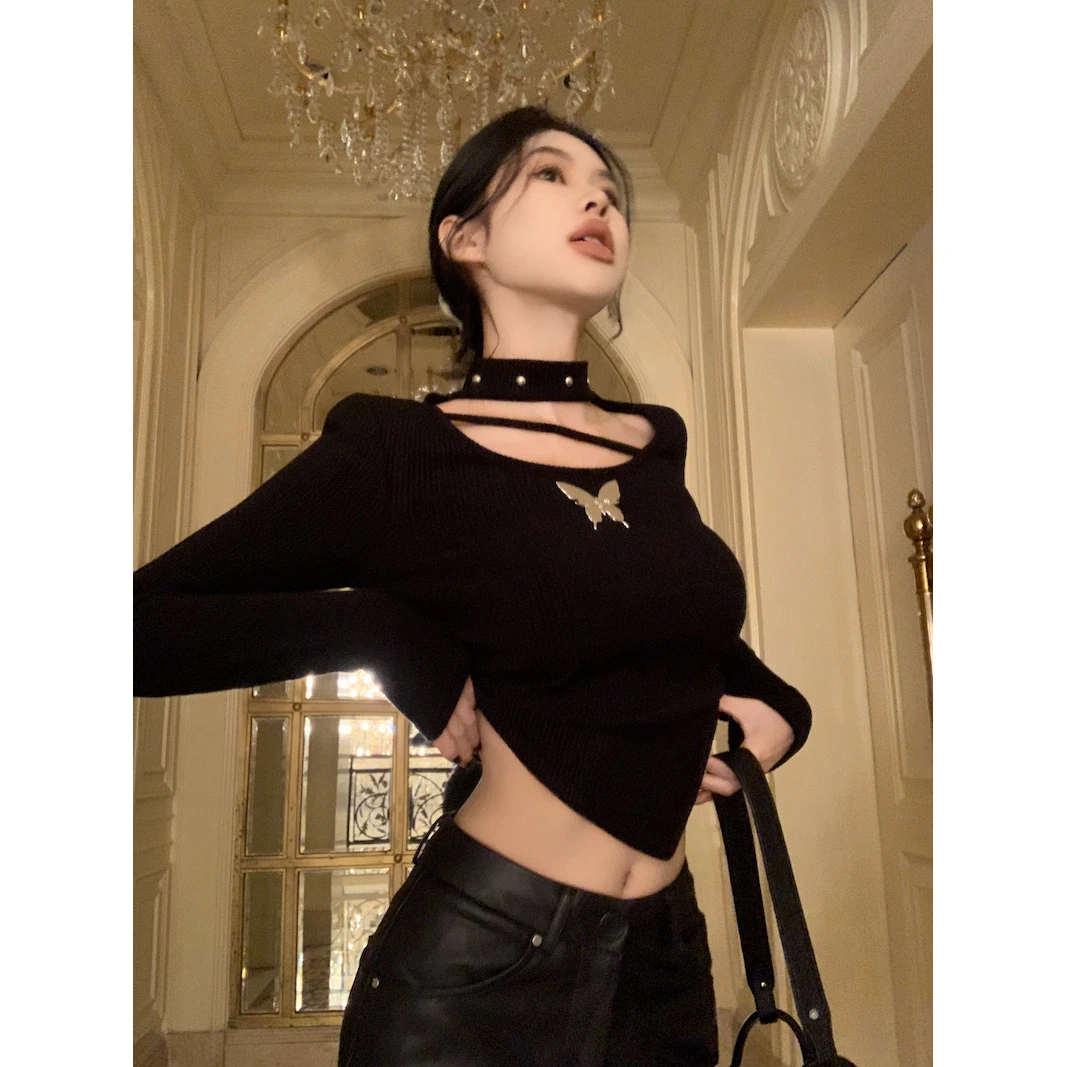 韩系穿搭不规则黑色长袖t恤女秋季蝴蝶装饰修身收腰打底衫上衣