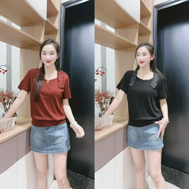 宜美多家 时尚方领订珠遮肚显瘦上衣6221