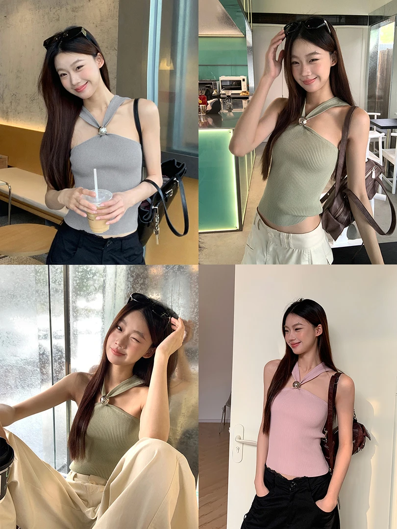 【碎碎冰背心】春夏高级感交叉辣妹风挂脖修身显瘦背心IN6531#