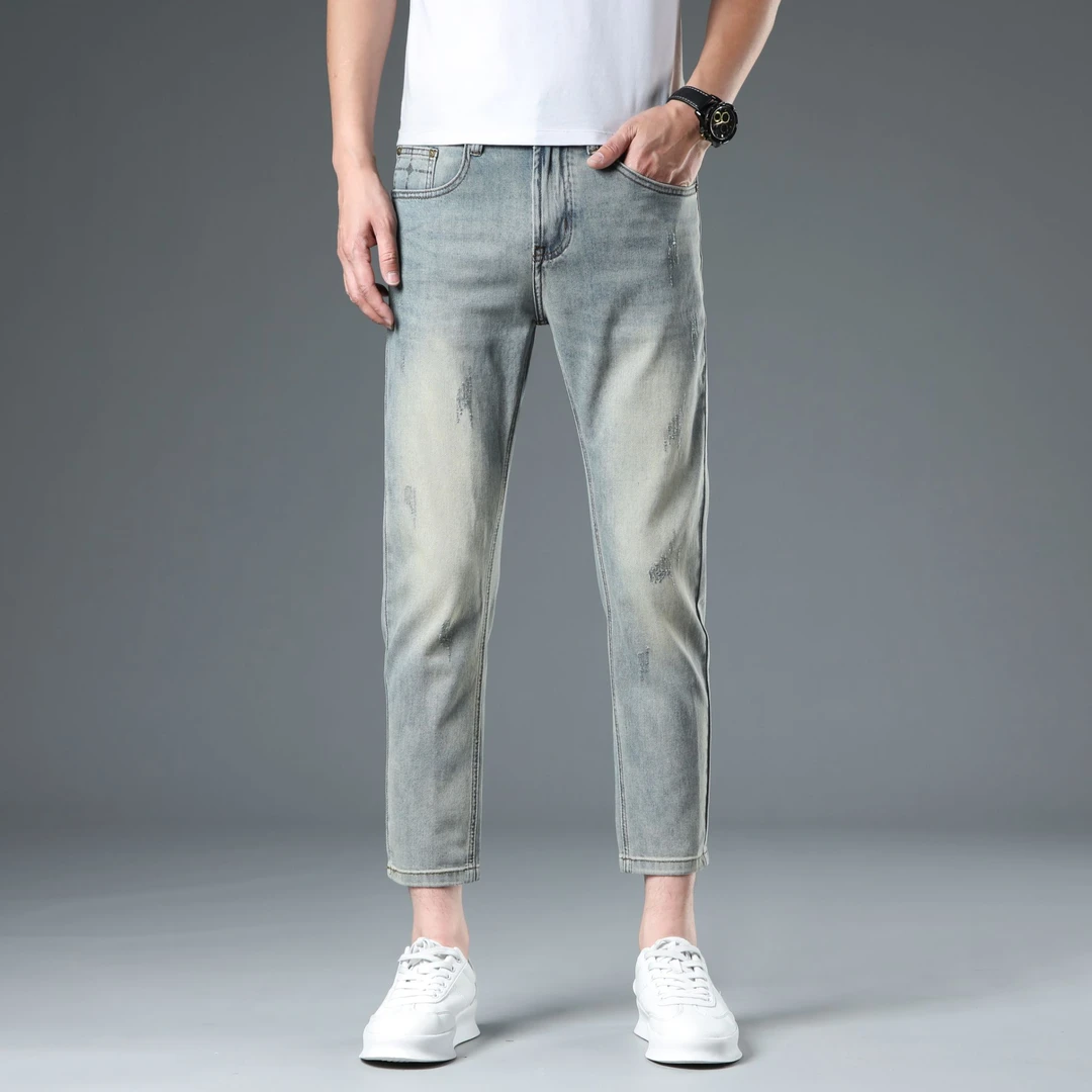 高档浅色九分牛仔裤男款爆款2025新款夏季薄款修身小脚弹力裤子男