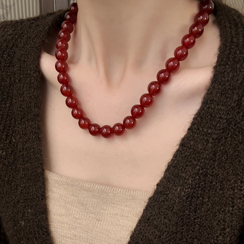 N18716<晶贵坊>红玛瑙圆珠满串S925银项链多样性发