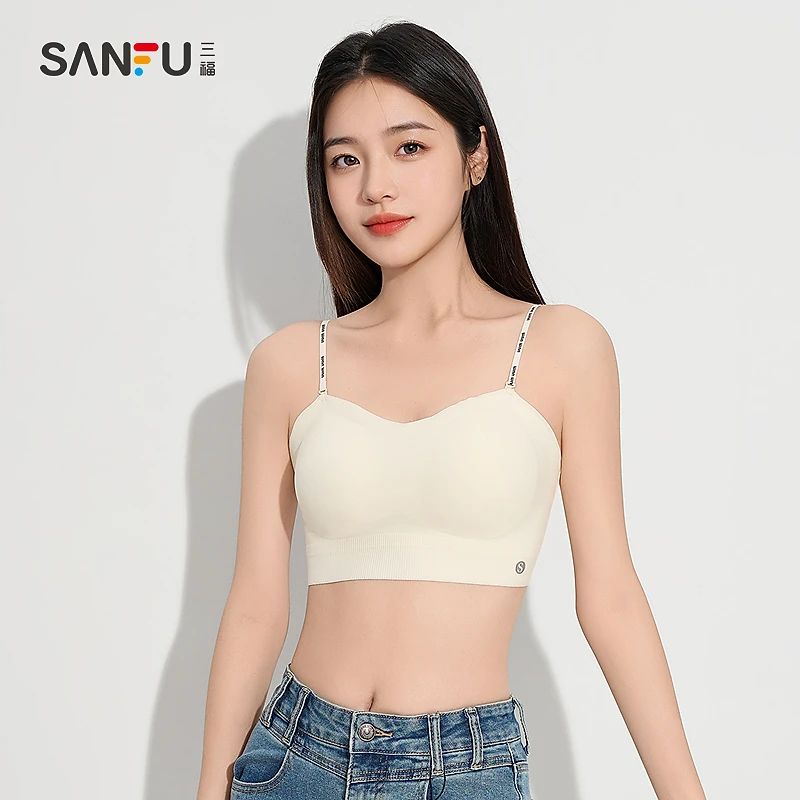 三福女夏季拼接竖条裹胸背心 简约轻薄透气吊带内搭上衣497974