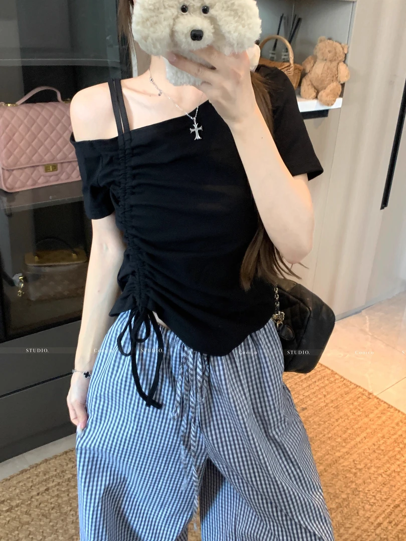 网红洋气炸街女装夏季新款大码胖mm遮肉显瘦甜美可爱抽绳露肩上衣