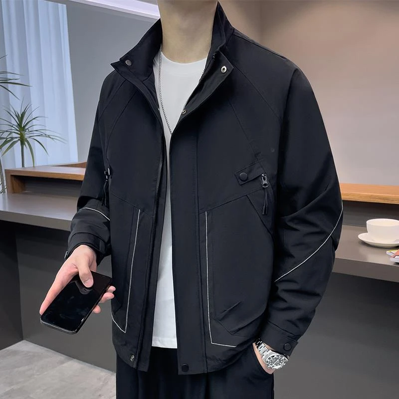 立领外套男款春秋季2025新款潮冲锋休闲工装男美式男士花印夹克