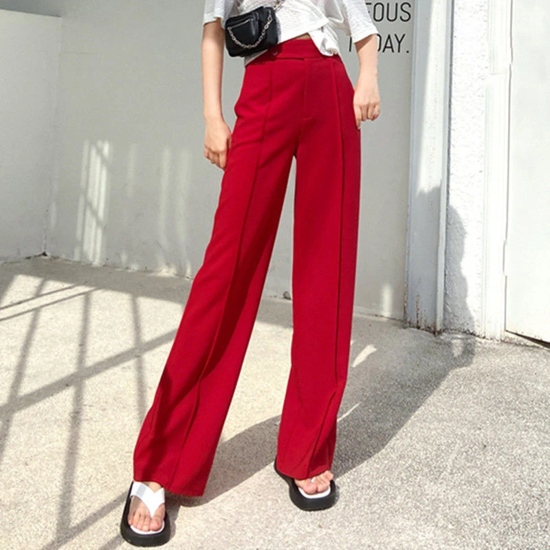 红色冰丝阔腿裤女夏季2025新款雪纺洋气宽松显瘦垂感直西装拖地裤