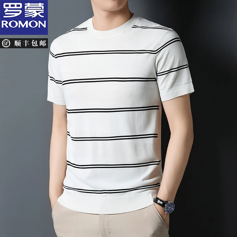 罗蒙夏季新品男士欧货条纹16针针织圆领短袖时尚潮流休闲舒适百搭
