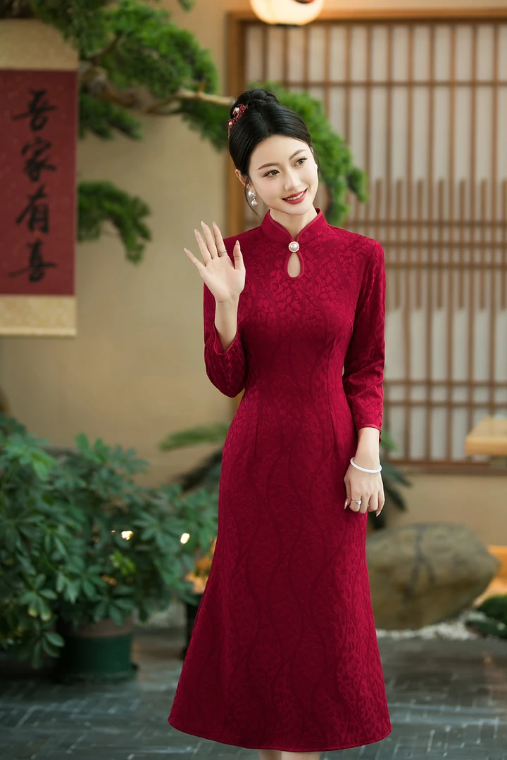 1366 红色 水滴领 【花之夏】微鱼尾 旗袍