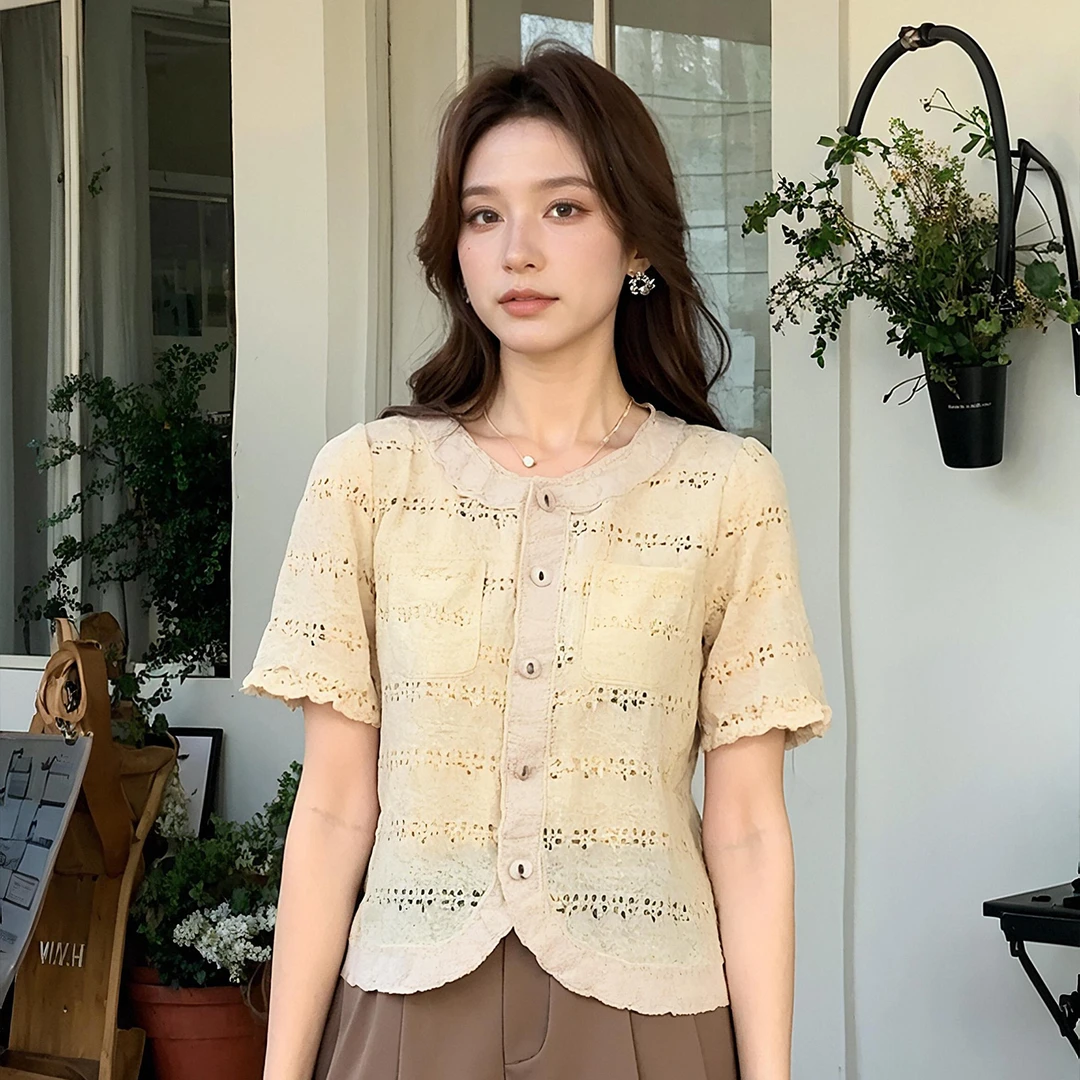 奢姿大码女装2025夏季法式甜美小香风花边拼接设计感气质短上衣