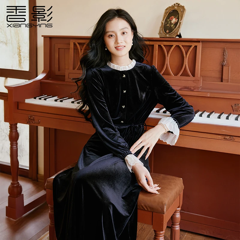 【小余专属】L85A648连衣裙香影赫本风黑色仿丝绒连衣裙女秋季新