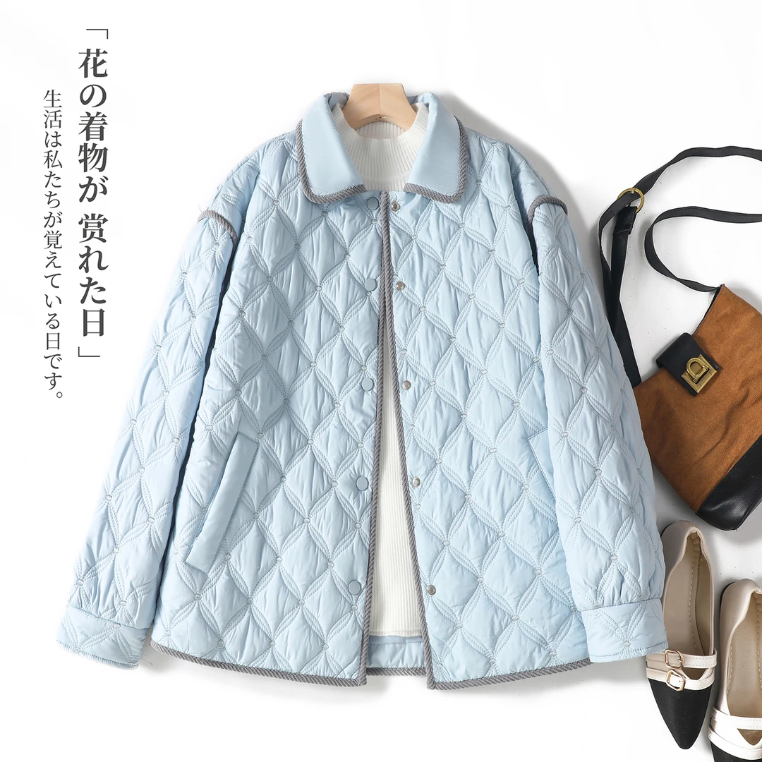 时尚长袖翻领浅蓝色排扣棉服外套女海谧小香风不褪色加厚保暖棉衣