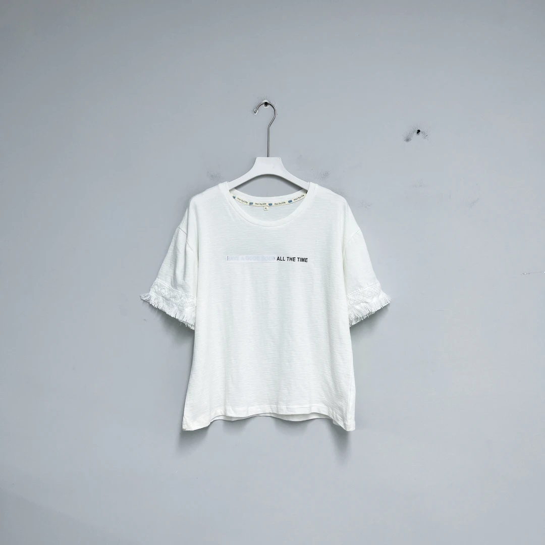 020女装T恤白色夏季宽松圆领拼接时尚打底