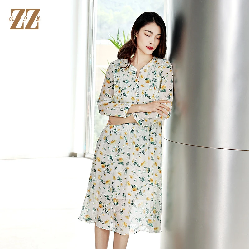 佐尔美商场同款初夏新款清新碎花长袖中长款桑蚕丝连衣裙E12LS23