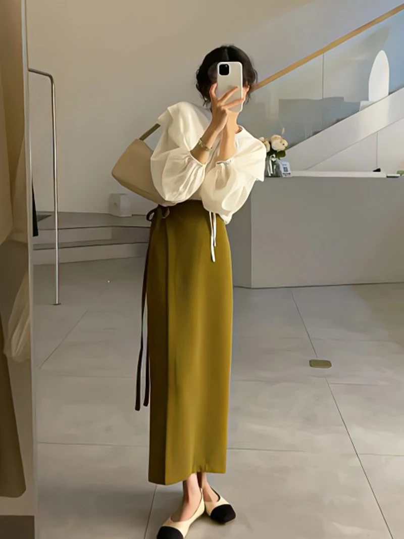 一整套ootd穿搭韩系高级感白色衬衫系带半身裙盐系轻熟两件套装女