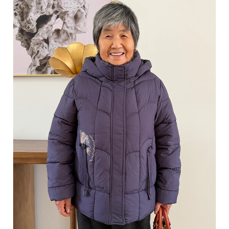 奶奶冬装中老年女装气质棉服短款连帽纯色冬季妈妈装加绒保暖外套