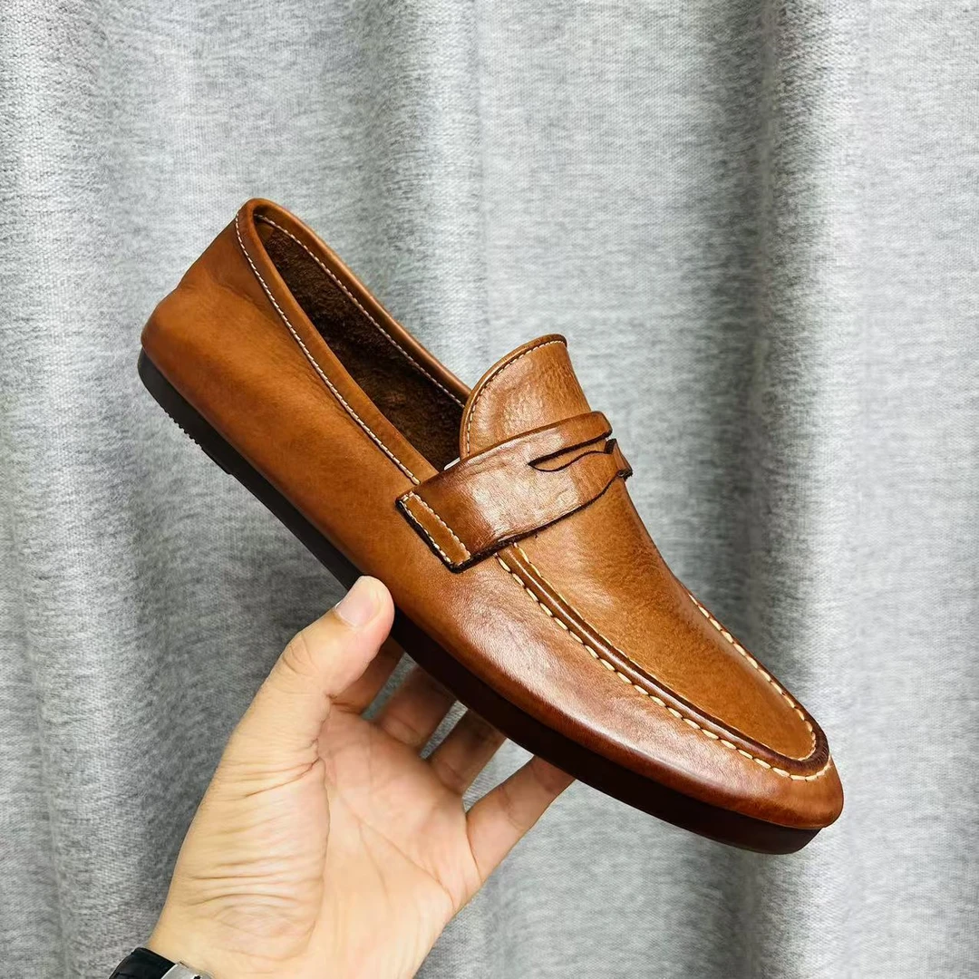 马皮手工鞋固特异工艺水洗复古做旧乐福鞋豆豆鞋一脚蹬休闲鞋皮鞋