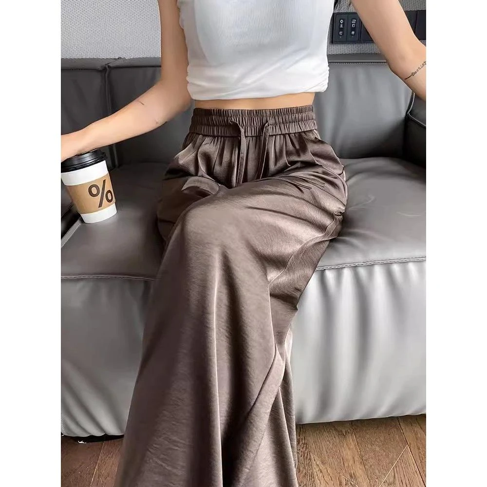 醋酸冰丝阔腿裤女夏季薄款高腰垂感拖地休闲凉凉防晒缎面直筒裤子